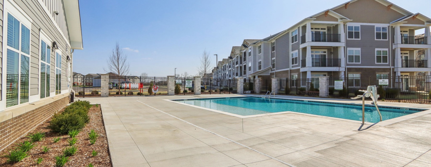 Apartment building exterior with pool