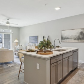 Styled apartment kitchen with large island